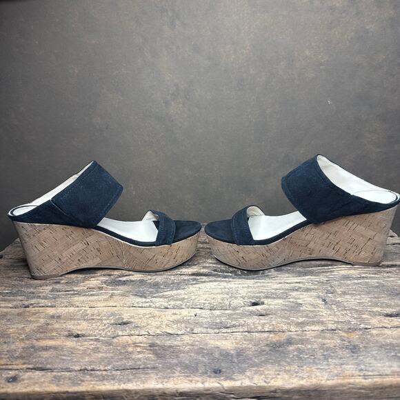 Marc Fisher Shelbee Navy Suede Cork Wedge Sandals Women’s 8.5M Leather Upper - Picture 8 of 9